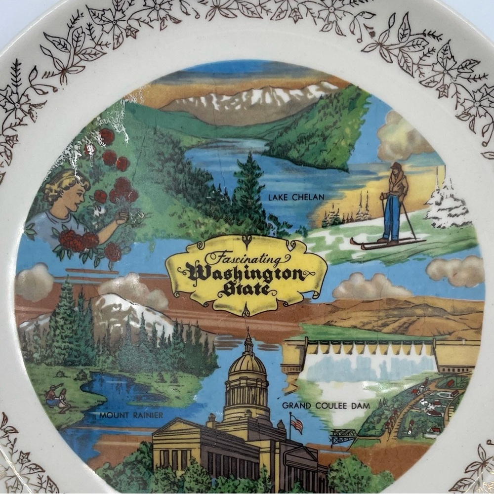 Vintage Washington State Souvenir Collectible Plate Ceramic Porcelain Gold Trim